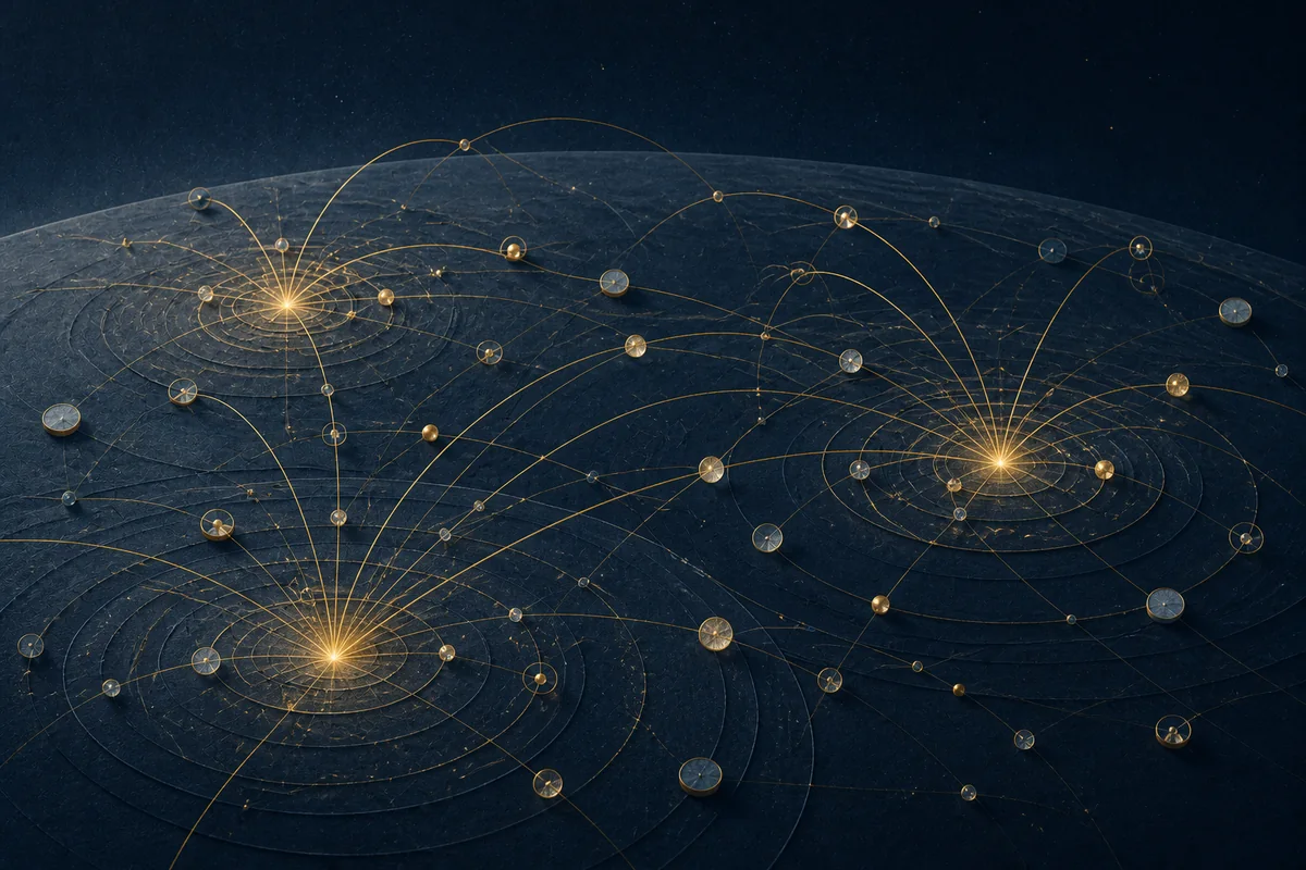 Connected golden ripples spreading across a dark field